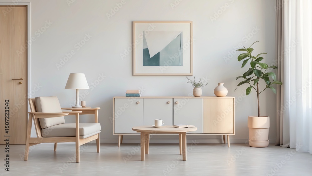 Fototapeta premium Desk lamp on a small table and a simple, wooden cabinet in an empty living room interior with white wall and place for a sofa. Real photo 