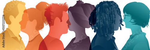 Silhouette of diverse collaborators seen from the side. A harmonious community of co-workers and colleagues in negotiation pact or agreement. Isolated