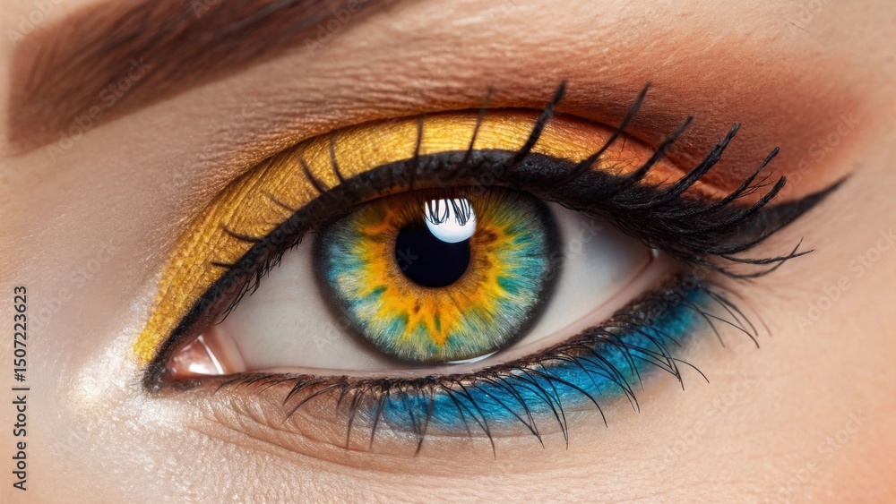 Obraz premium Vivid Yellow Blue Eye Makeup Closeup Portrait, Dramatic Colorful Eyeliner Eyeshadow Macro, Glamorous Female Eye with Vibrant Colors