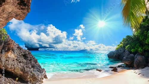 Beautiful sunny view from cave entrance to tropical beach with palm tree. Paradise vacation destination concept for summer travel. Flying over bright blue ocean video footage.