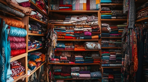 A Colorful Textile Emporium: A vibrant collection of fabrics and yarns neatly organized on wooden shelves, showcasing a diverse range of colors, patterns, and textures.