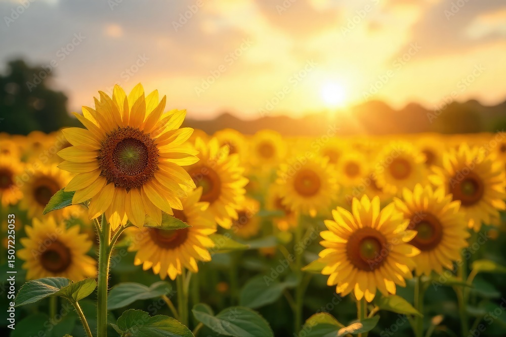 Obraz premium Golden hour sunlight bathes a field of vibrant yellow sunflowers, creating a breathtaking scene of natural beauty and warm tones Perfect for summer, nature, and agriculture themes , uplifting, bloom