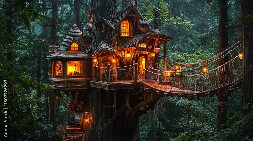 Enchanted treehouse nestled in a dark forest with glowing lights and rope bridges Enchanted treehouse nestled in a dark forest with glowing lights and rope bridges
