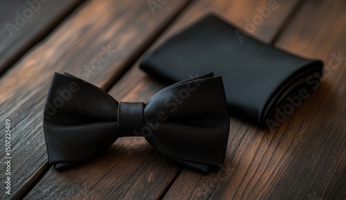 Black bowtie and pocket square on wooden surface