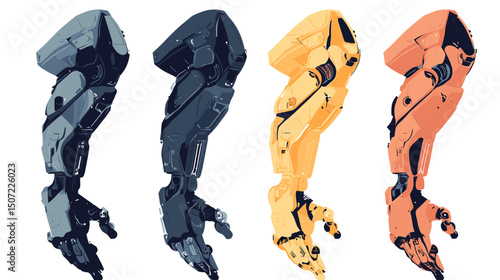 Four Pixelated Robot Arms in Blue Yellow and Orange on White Background