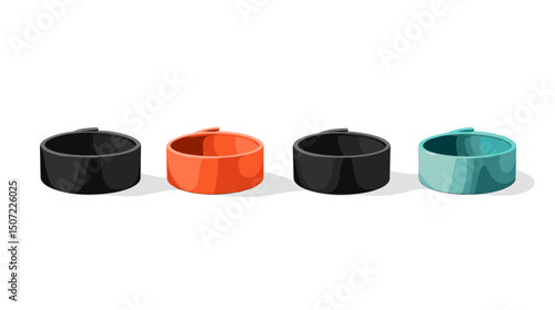 Four Pixelated Round Bowls in Black Orange and Turquoise Arranged in a Row on White Background