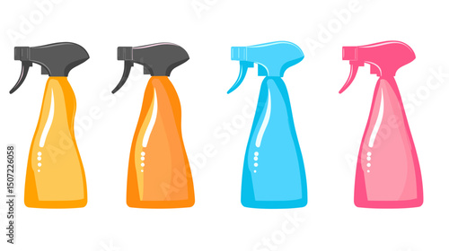 Four Pixelated Spray Bottles in Various Colors on White Background