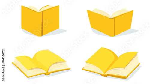 Four Pixelated Yellow Open Books with Blank Pages in Various Angles on White Background