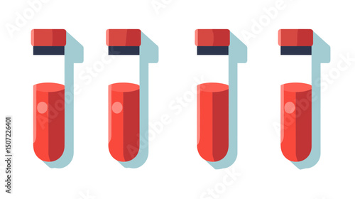 Four Transparent Glass Blood Test Tubes with Red Liquid and Red Caps Arranged in a Row on a White Background