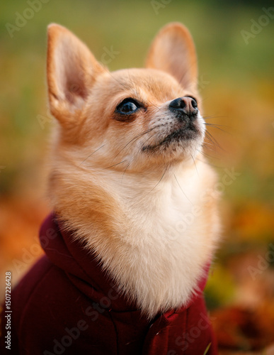Adorable Chihuahua Dog Wearing Coat in Autumn Park Close-Up Portrait