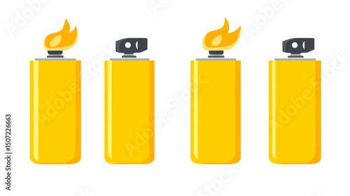 Four Yellow Lighters with Orange Flames on White Background Gas Equipment For Cooking or Cigarettes