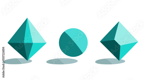 Geometric Shapes in Teal Cyan Arrangement Isometric Polygon Design Elements with Shadows and Highlights Against a Clean White Pixelated Background