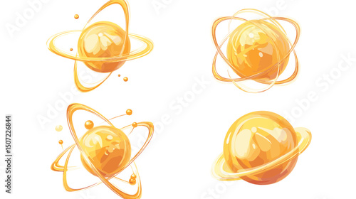 Golden Atomic Structures Representing Energy and Scientific Concepts on White Background Showing Physics Chemistry Research and Particle Physics