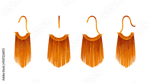 Golden Ornamental Fringed Accessories Displayed on White Background Pixel Art Design