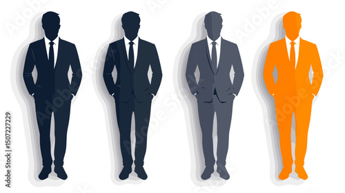 Group of Pixelated Men in Suits Silhouettes Standing in Full Length Isolated on White Background