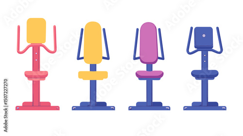 Gym Equipment Machines in Assorted Colors on White Background for Indoor Strength and Cardio Exercise