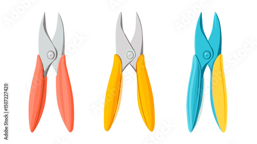 Illustration of Three Pliers in Different Colors Isolated on White Background Featuring Orange Yellow and Blue Handles