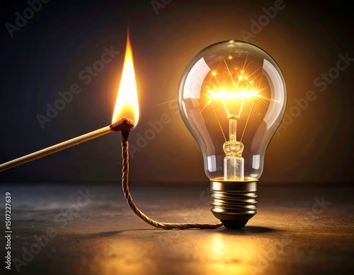 Glowing light bulb is illuminated by burning matchstick, symbolizing creativity, innovation, and inspiration in dark environment