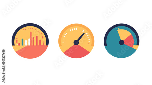 Isolated Graphics Featuring Three Circular Gauges with Needles Bars and Pie Chart on White Background