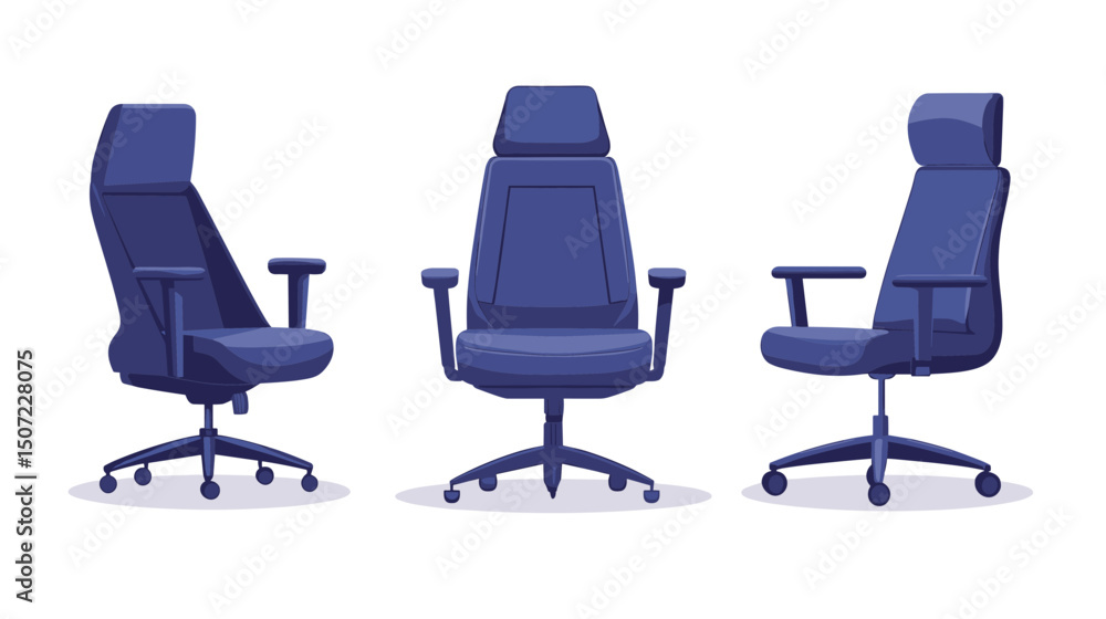 Obraz premium Isometric Dark Blue Office Chair Three Angle Views Against White Background