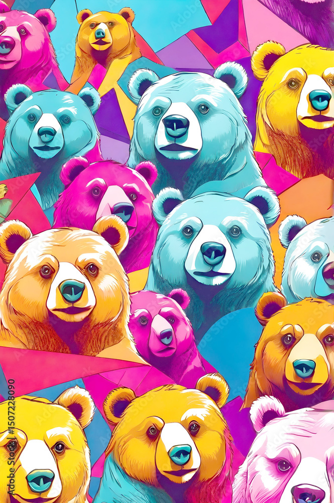 Naklejka premium A vibrant, pop-art style collage of bear heads in various bright colors including pink, blue, yellow, and orange, creating a bold and eye-catching pattern