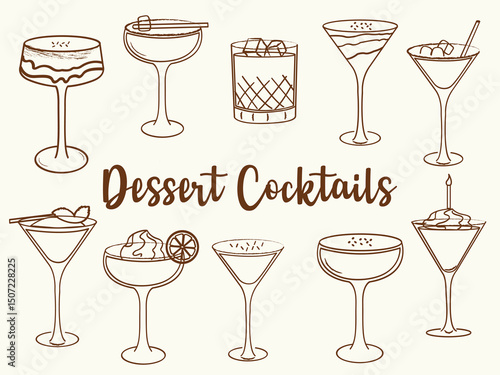 Hand drawn dessert cocktail illustrations. Vector line art of summer refreshing alcoholic beverages. Doodle style cocktail glasses for bar, menu, and party design.