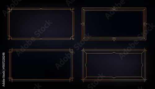 Simple golden frames. Horizontal art deco gold borders for wedding invitation card, minimal luxury modern geometric decorative frame elements. Vector elegant set