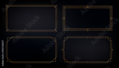 Golden art deco frames. Vintage elegant borders with decorative geometric elements, gold retro wedding invitation card design. Vector frame collection