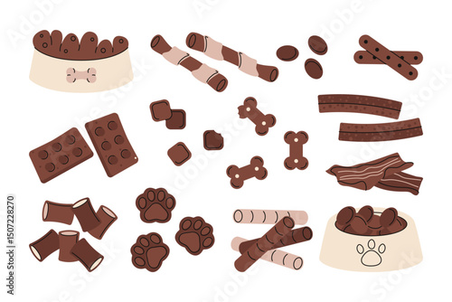 Dog treat food. Cartoon puppy biscuits and bones, cute flat doggy snacks, pet canine wet and dry eating, playful chewing treats for animals feed nutrition. Vector isolated set