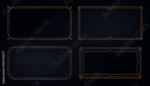 Horizontal art deco frames. Vintage decorative borders for wedding invitation card, elegant antique 1920s gold ornamental design elements. Vector frame set