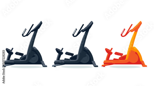 Isometric Pixel Art Illustration of Stationary Exercise Bikes in Black and Orange on a White Background
