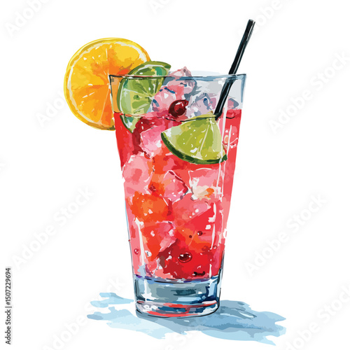 Summer cocktail with ice and lime, isolated watercolor illustration
