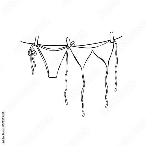 Line art bikini hanging on clothesline vector, summer clothes vector