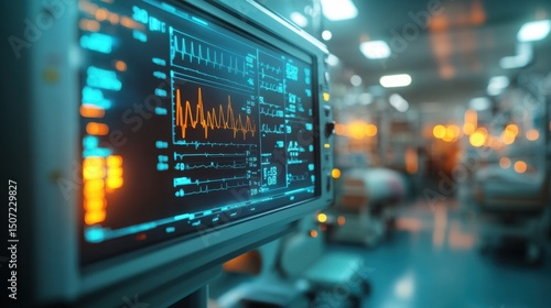 Life saving medical monitor displaying vital signs in a critical care unit glows with teal hues and