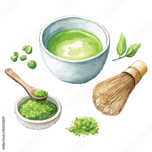 Matcha cup next to a traditional whisk and powder in a bowl, isolated watercolor illustration