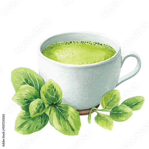 cup of green matcha tea, isolated watercolor illustration