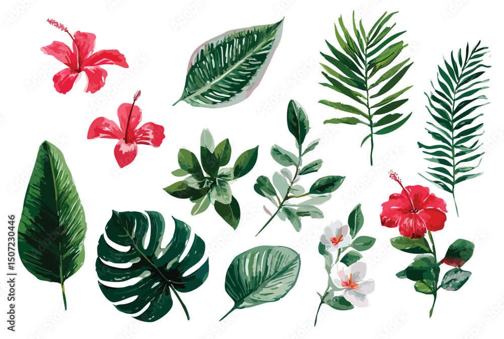 Obraz premium Set of green tropical leaves and flowers, summer floral collection, isolated watercolor illustration