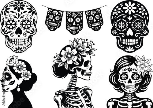 Day of the Dead Silhouettes, Traditional Mexican Festival Clipart SVG Bundle. Día de los Muertos SVG, Sugar Skulls, Catrinas Skeletons, Mexican Day of the Dead, Mexican Holiday, La Catrina & Calavera.