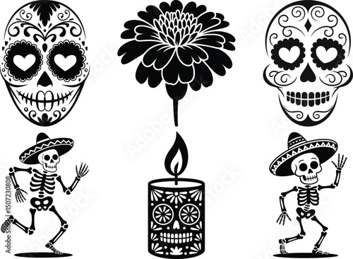 Day of the Dead Silhouettes, Traditional Mexican Festival Clipart SVG Bundle. Día de los Muertos SVG, Sugar Skulls, Catrinas Skeletons, Mexican Day of the Dead, Mexican Holiday, La Catrina & Calavera.