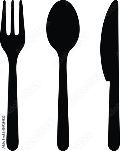 Silhouette Cutlery Icon Set – Fork, Spoon, and Knife Illustration in Minimal Black and White Design