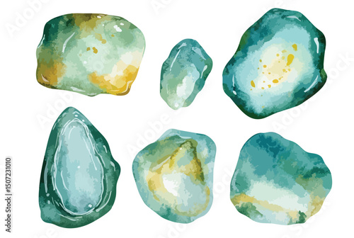 Blue and green gemstones collection, isolated watercolor illustration