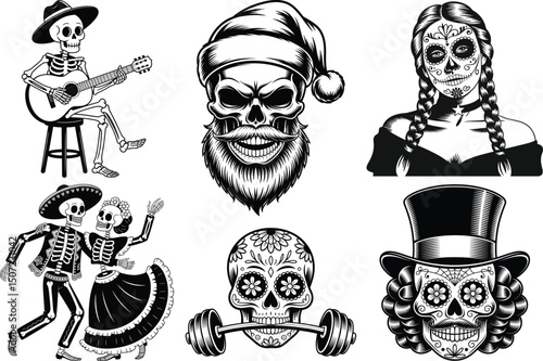 Day of the Dead Silhouettes, Traditional Mexican Festival Clipart SVG Bundle. Día de los Muertos SVG, Sugar Skulls, Catrinas Skeletons, Mexican Day of the Dead, Mexican Holiday, La Catrina & Calavera.