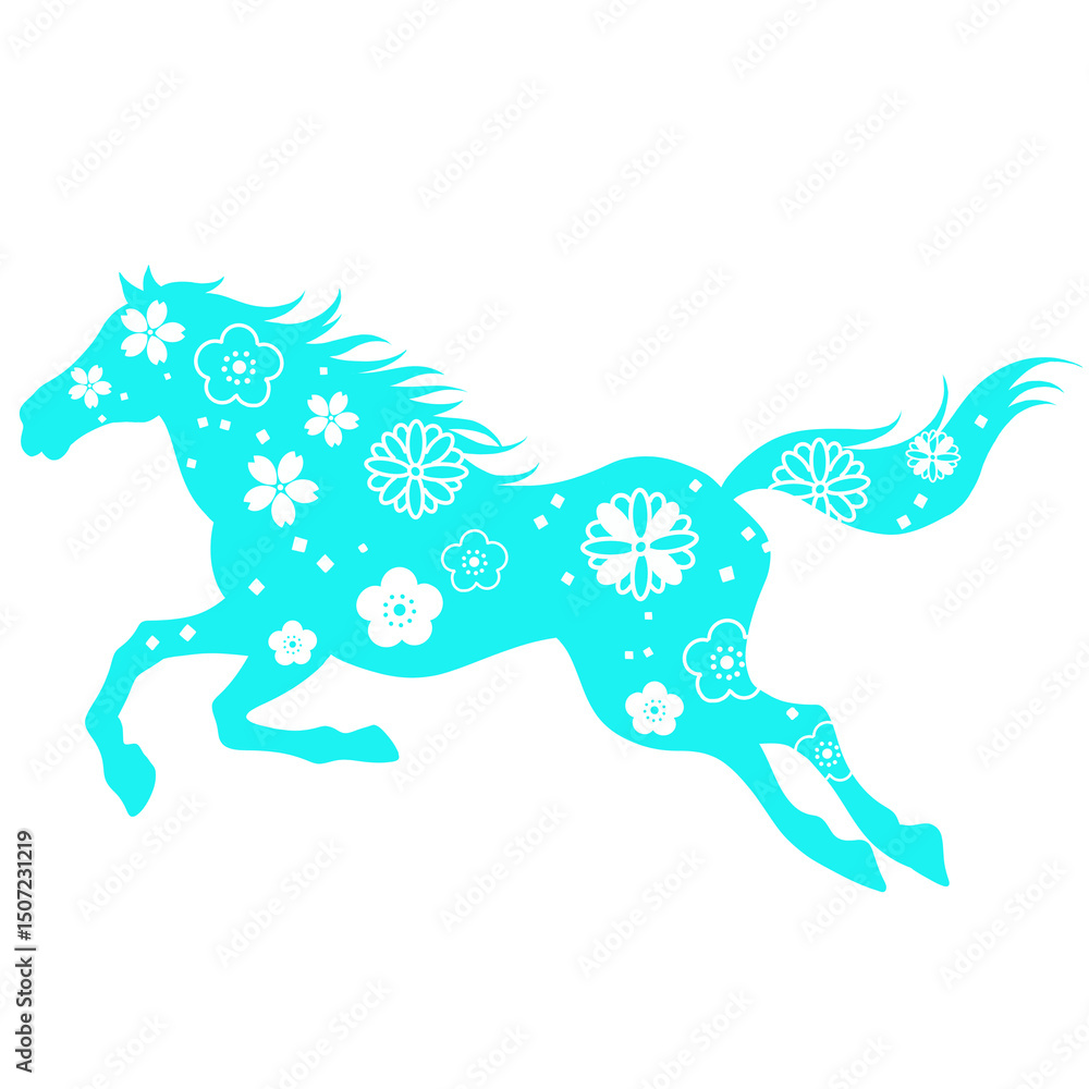 Obraz premium 午年 美しい馬と花のイラスト 和柄