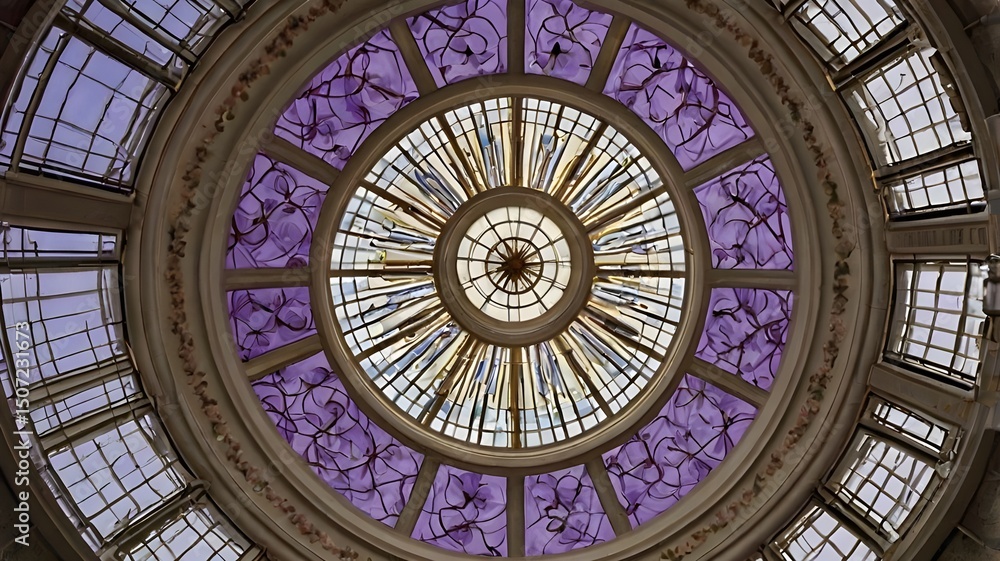 Fototapeta premium Purple floral design on a circular glass dome ceiling with a view of the sky