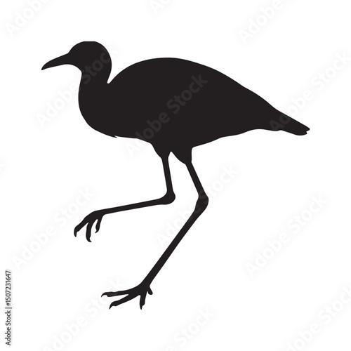 A black and white drawing of a bird with a black head and long legs Silhouette white Background.