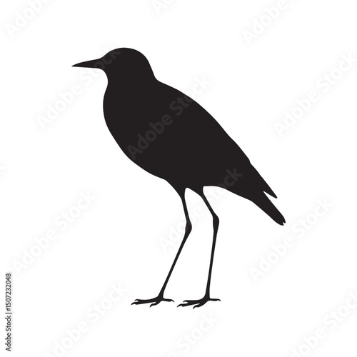 A black and white drawing of a bird with a black head and long legs Silhouette white Background.