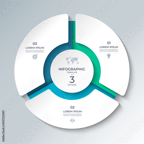 Vector infographic template featuring a modern, 3D-style circular layout divided into 3 steps. Ideal for presenting business processes, timelines, workflows, marketing steps, or educational content.