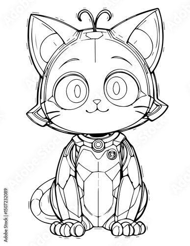 Black and white line art of a cute anime-style robotic cat with large expressive eyes, antennae, and mechanical limbs.