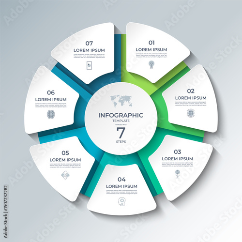 Vector infographic template featuring a modern, 3D-style circular layout divided into 7 steps. Ideal for presenting business processes, timelines, workflows, marketing steps, or educational content.