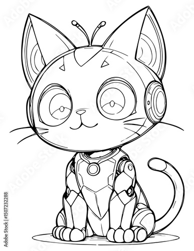 Black and white line art of a cute anime-style robotic cat with large expressive eyes, antennae, and mechanical limbs.
